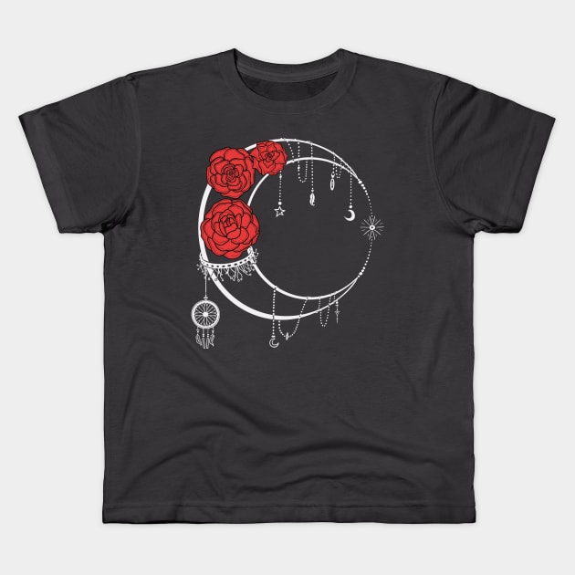 Dark Moon with Black Lines Red Roses Kids T-Shirt by Kalma Kun